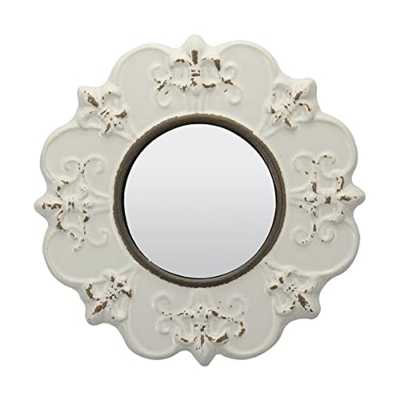 8" Round Off White Ceramic Accent Wall Mirror with Attached Hanging Loop, Decorative Vintage Decor for the Living Room, Bedroom, Hallway, and Entryway
